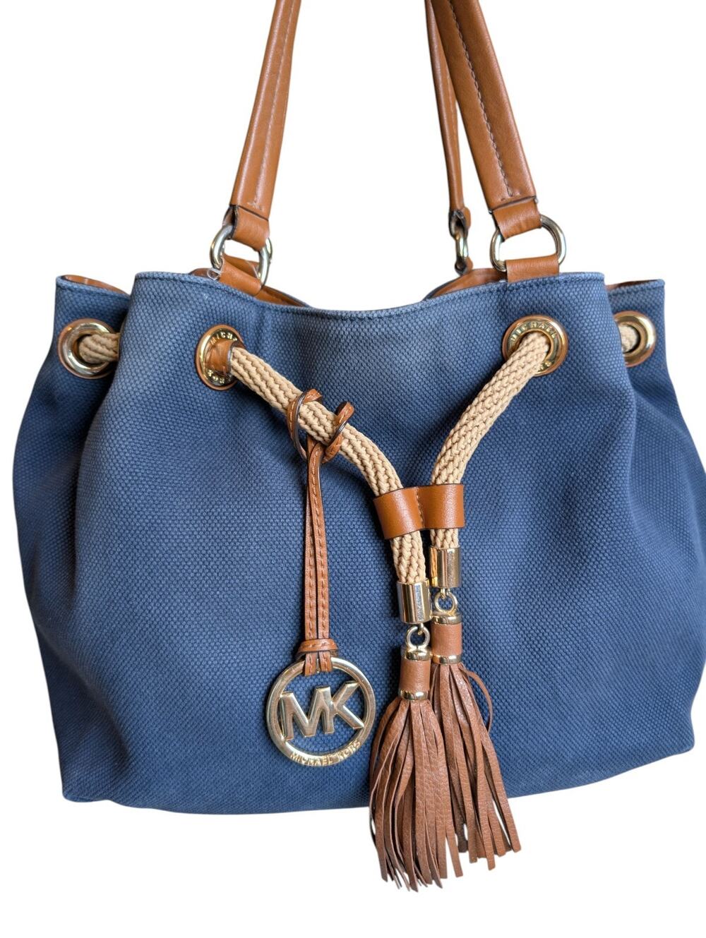 Michael Kors Marina Canvas Rope Tassel Large Bucket Bag Drawstring Blue